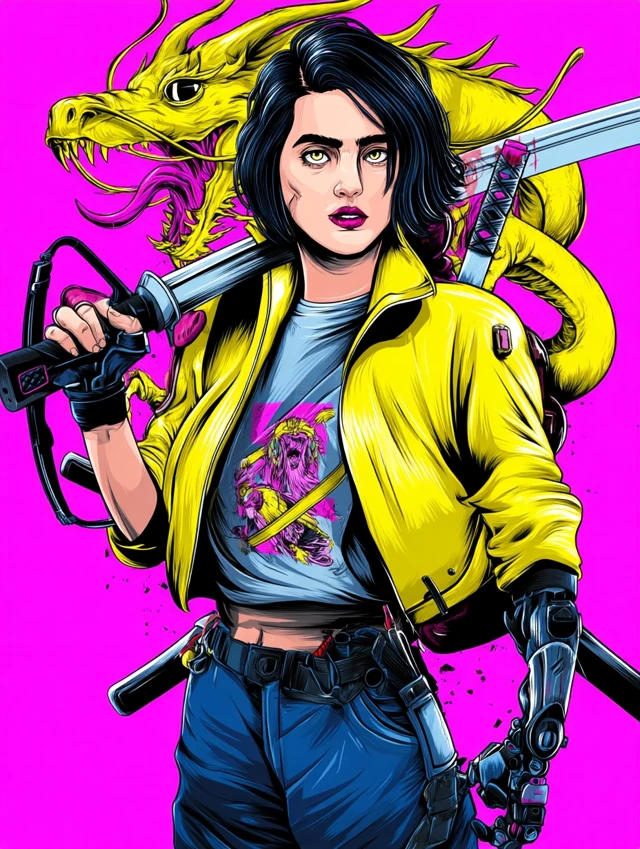 Cyberpunk Samurai Girl with Dragon Art