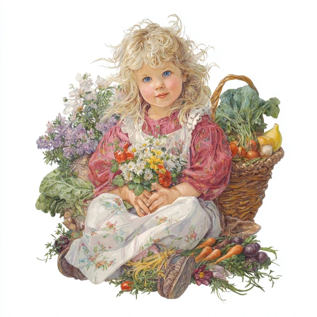 Charming Girl with Flowers and Vegetables Illustration