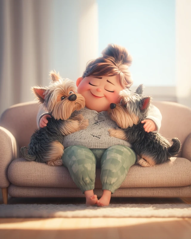 Cozy Pixar Scene Woman and Yorkshire Terriers