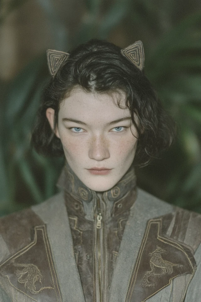 Brooding Woman with Cat Ears in a Botanical Setting
