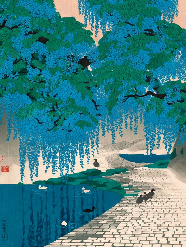 Wisteria Path Dreamlike Scene Dawn Ducks
