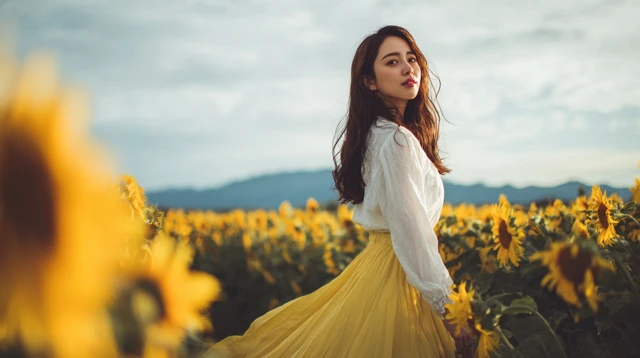 Japanese Woman in Sunflower Field Summer Scene