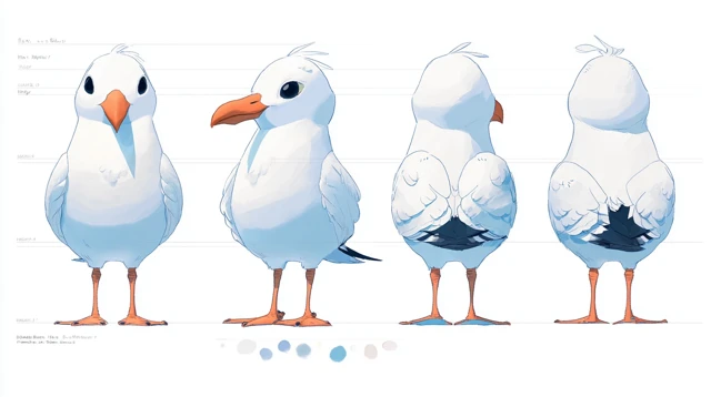 Stylized Seagull Character Turnaround Sheet Design