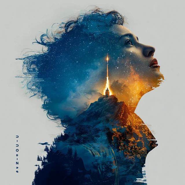 Double Exposure Space Portrait Asian Scientist