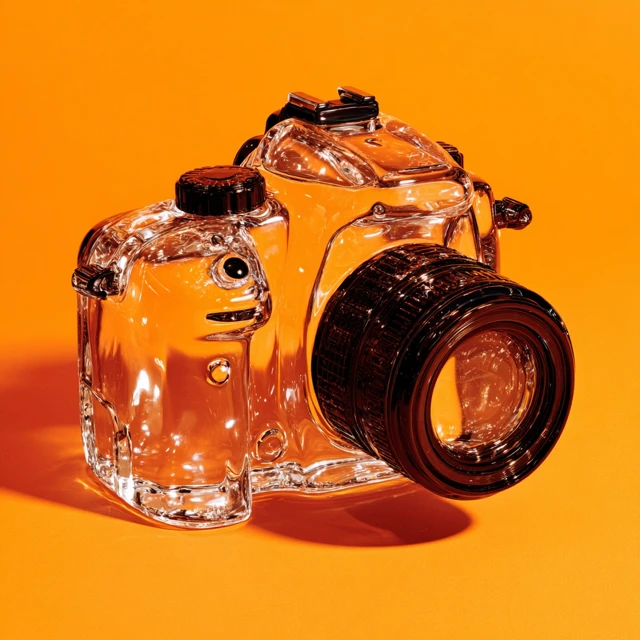 Glass Camera on Orange Background Photography