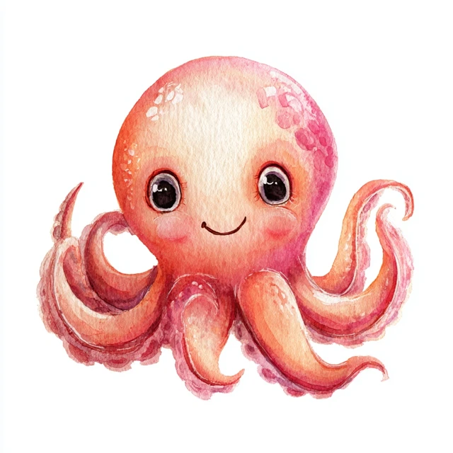 Cute Cartoon Octopus Watercolor Illustration