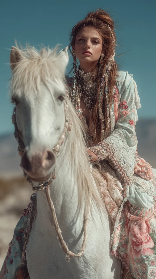 Boho Woman on Horse in Desert Fashion Photography
