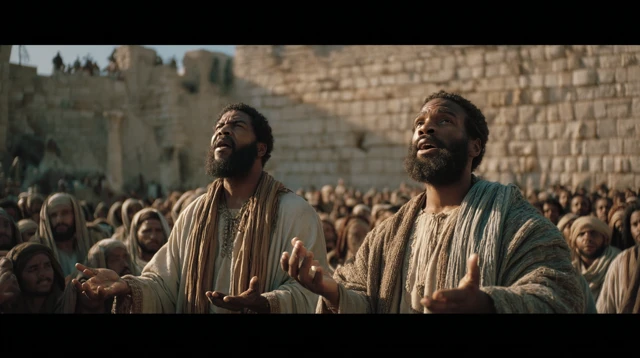 Ancient Scene Two Men Preaching to a Crowd