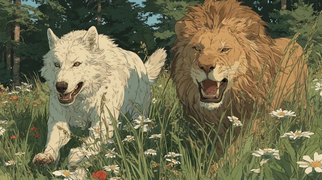 White Wolf and Lion Playing in the Grass