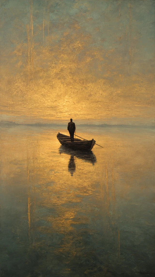 Solitary Figure in a Boat Painting Peaceful Scene