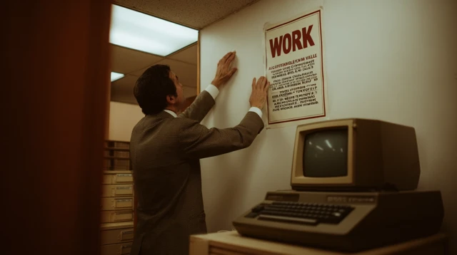 1980s Corporate Office Man Pinning WORK Poster