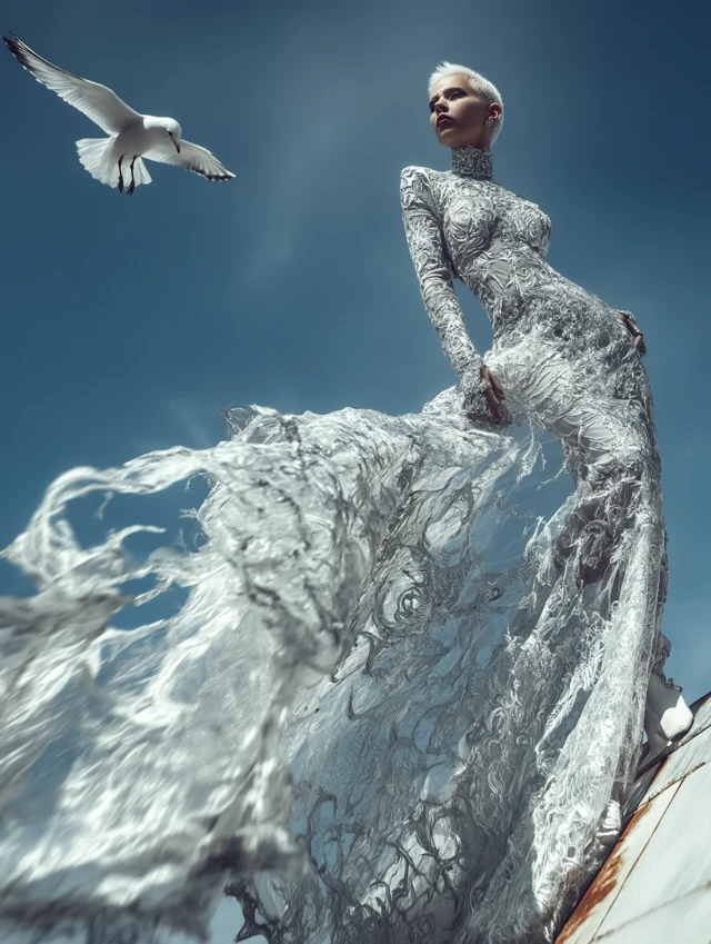 Fashion Editorial Model in Lace Dress with Bird