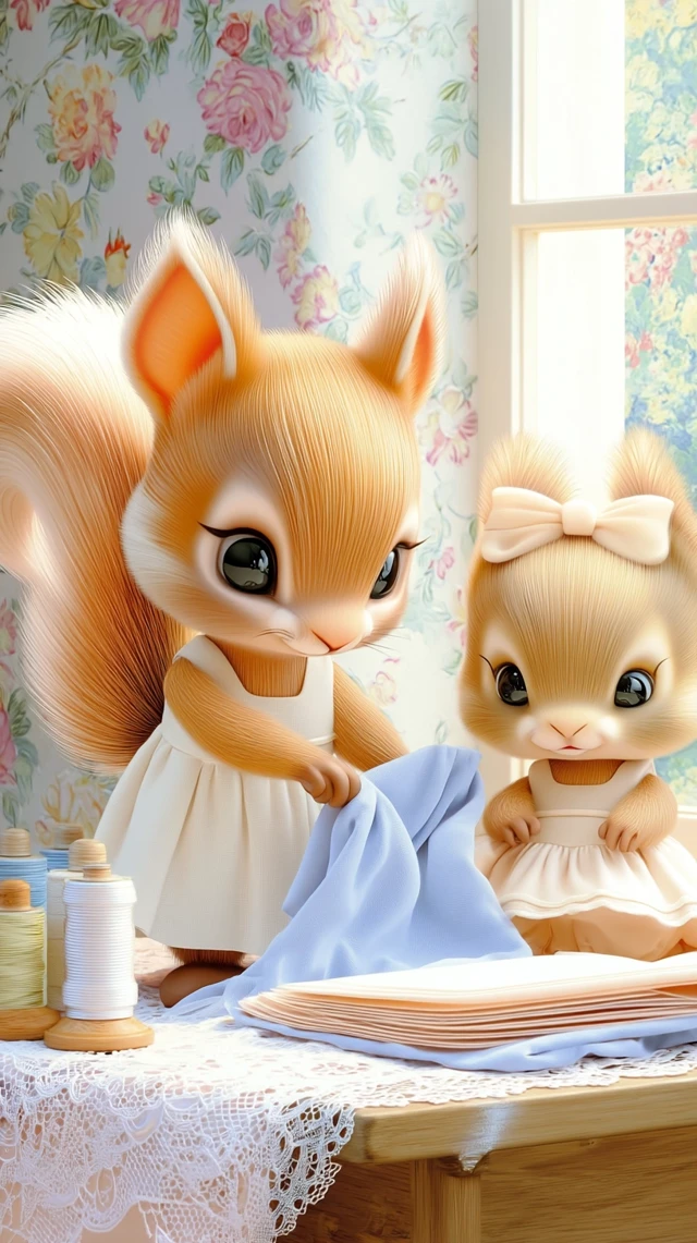 Cute Squirrels and Hedgehog in a Sewing Shop