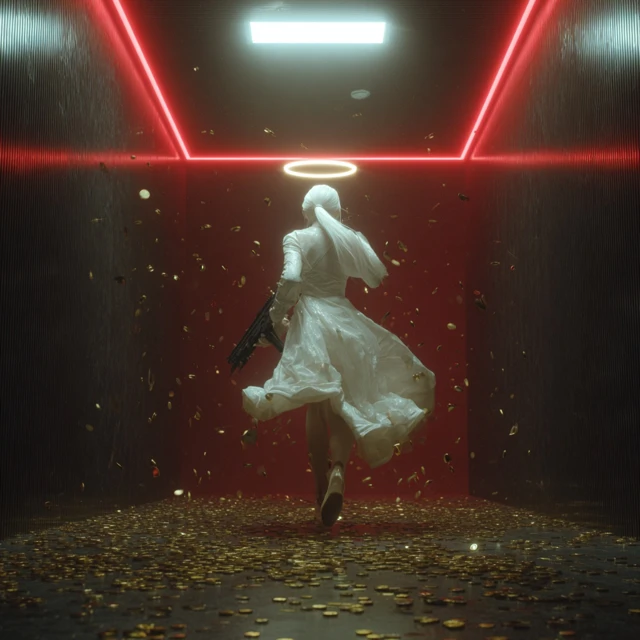 Angelic Warrior in a Dark Hallway