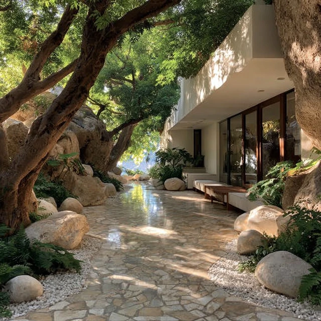 Outdoor Garden with White Stones and Dancing Trees