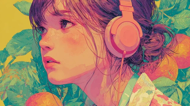 Cute Woman with Headset Tropical Colors Art