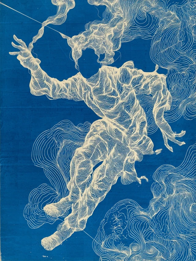 Abstract Human Figure Drawing on Blue