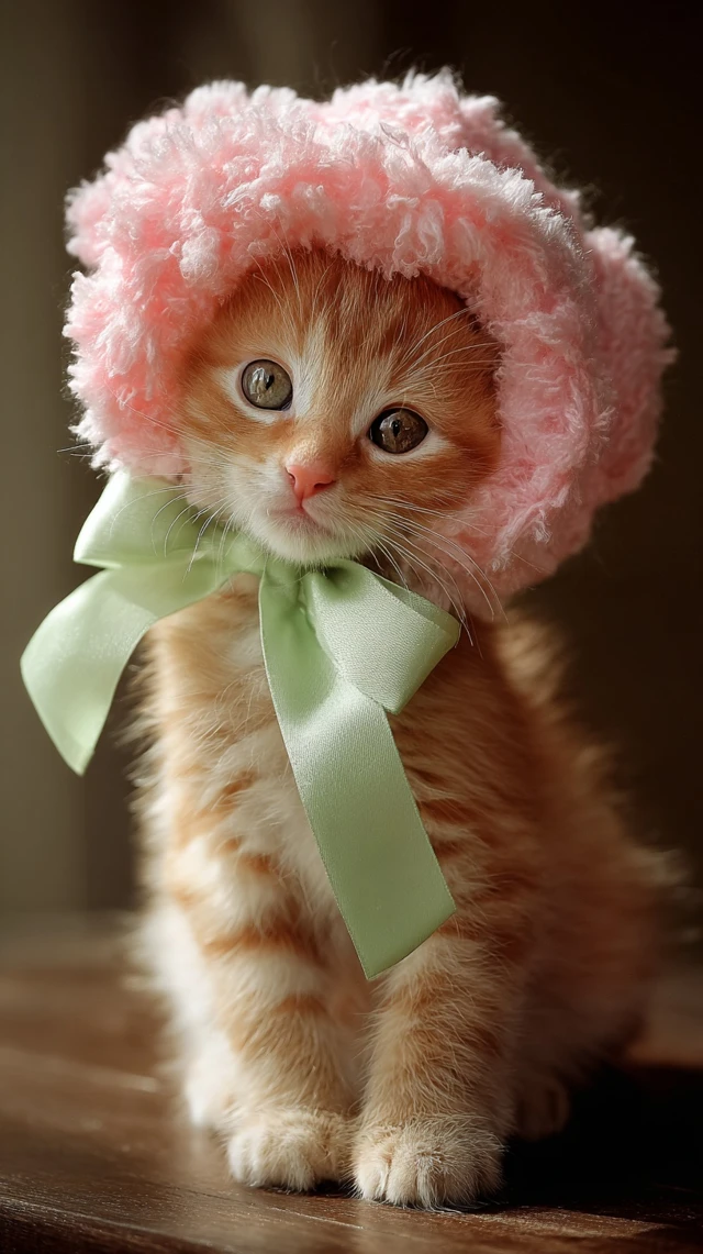 Cute Kitten in Pink Bonnet Adorable Tabby Cat Photo
