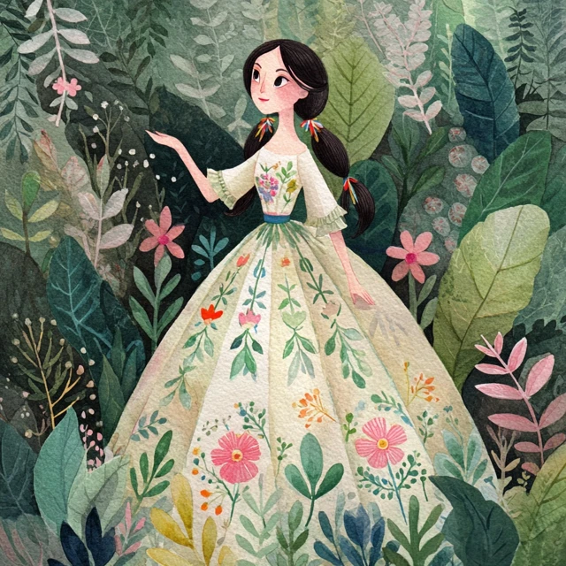 Whimsical Watercolor Lady in the Forest Illustration