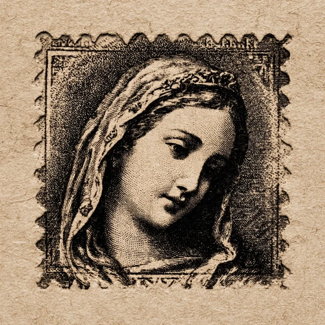 Vintage Stamp of Blessed Mary in Sepia Tone