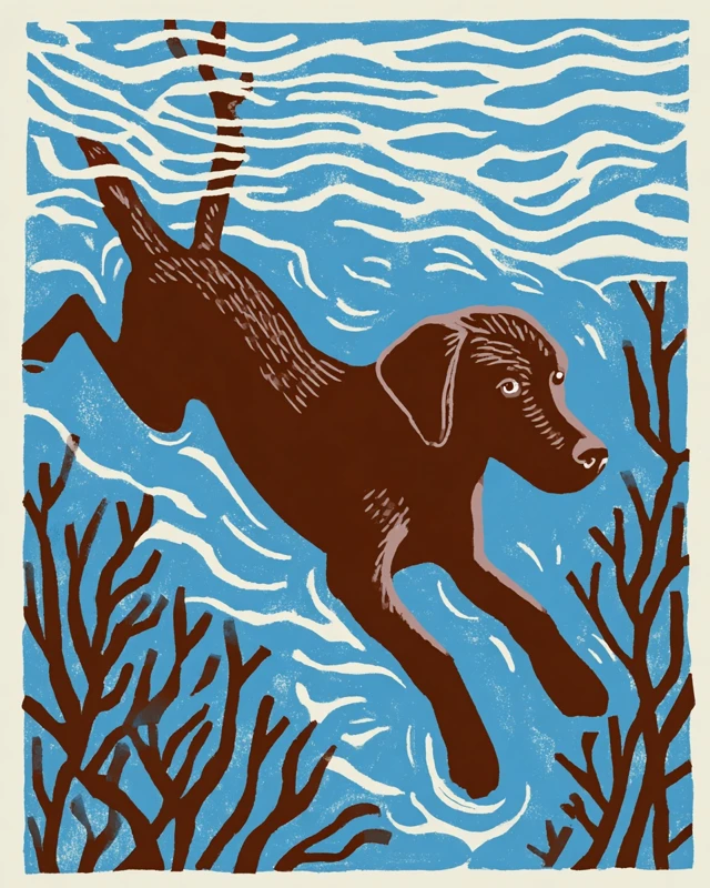 Brown Labrador Swimming in Blue Water Matisse Style