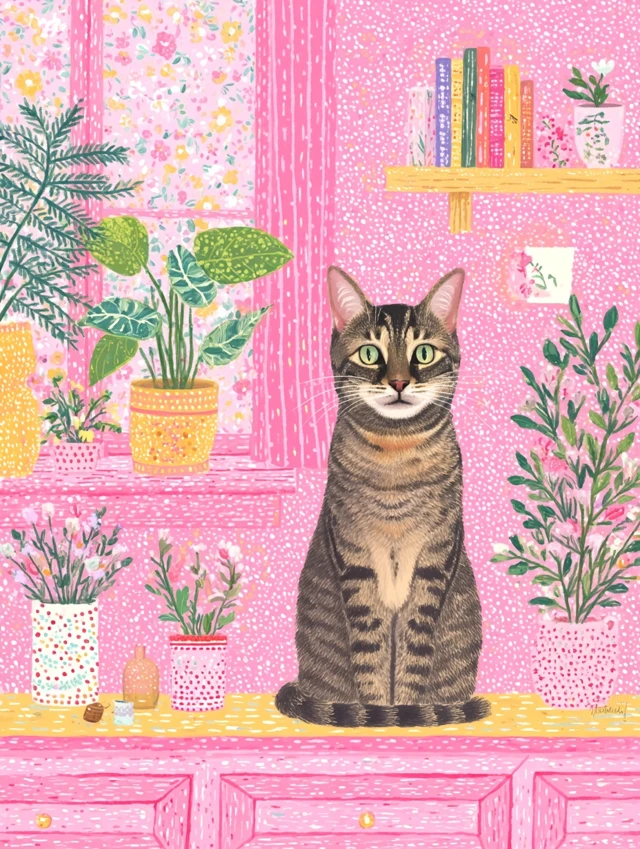 Happy Tabby Cat Folk Art Illustration