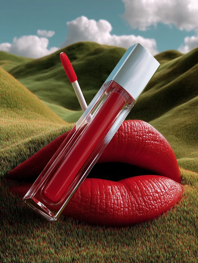 Surreal Lip Gloss Ad: Lips in Landscape