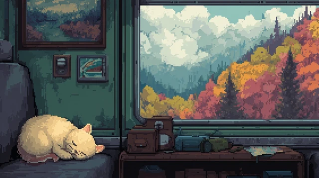 Sleeping Cat Pixel Art Train Autumn Colors
