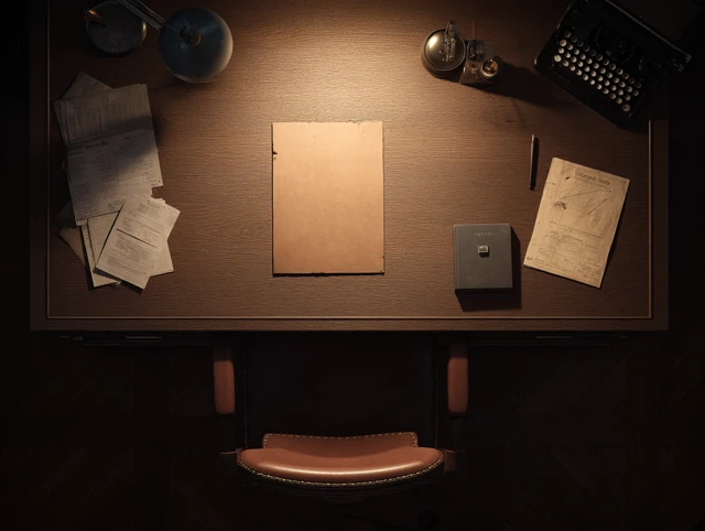 Detective Desk Dimly Lit Photorealistic Scene