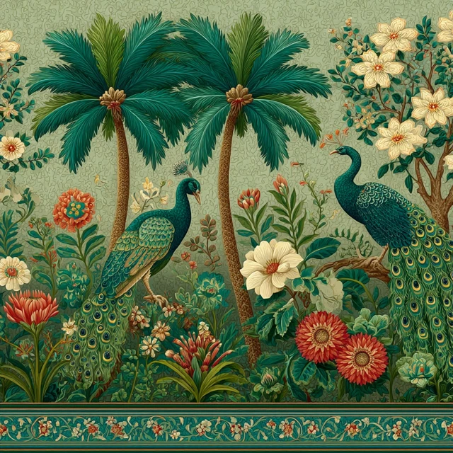 Mughal Art Wallpaper Peacocks Palm Trees Floral Patterns