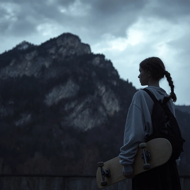 Teenage Girl with Skateboard in the Mountains