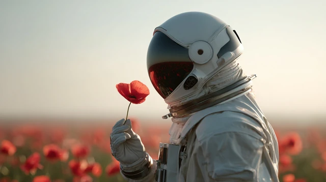 Astronaut in Poppy Field Peaceful Scene