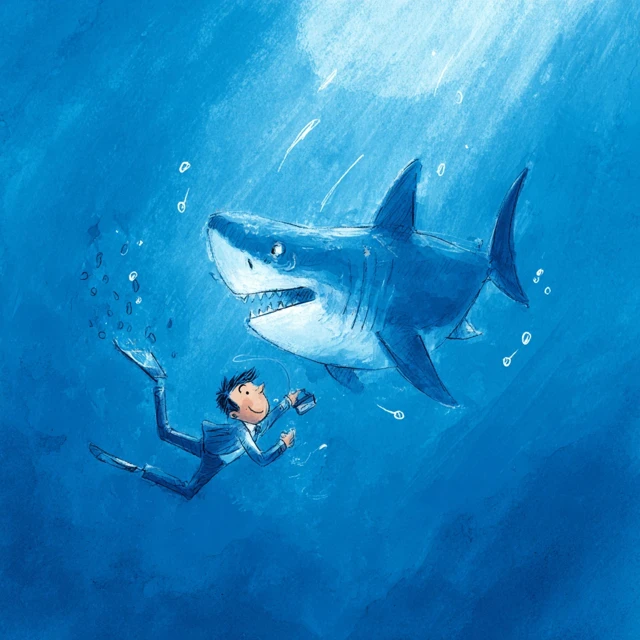 Great White Shark Hunting Man Underwater Caricature