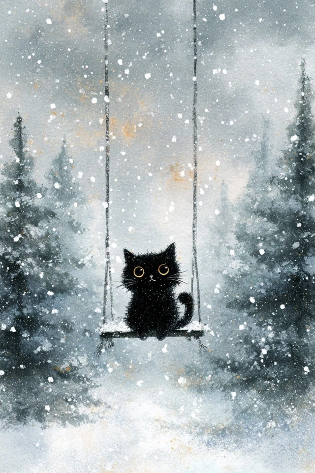 Cute Black Cat on Swing in Winter Wonderland