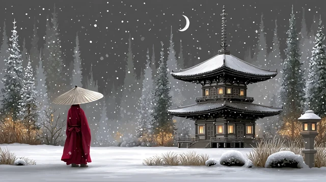 Japanese Winter Temple Garden Monk Sumi e Art