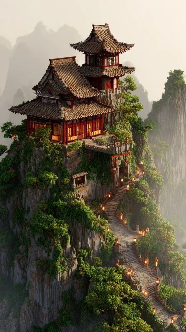 Chinese Daoist Temple on Misty Mountain Peak