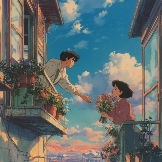 Anime Balcony Romance Flowers