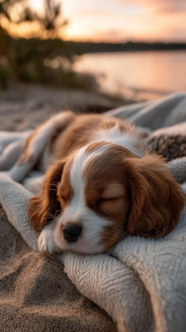 Sleeping Cavalier King Charles Spaniel Puppy on Beach
