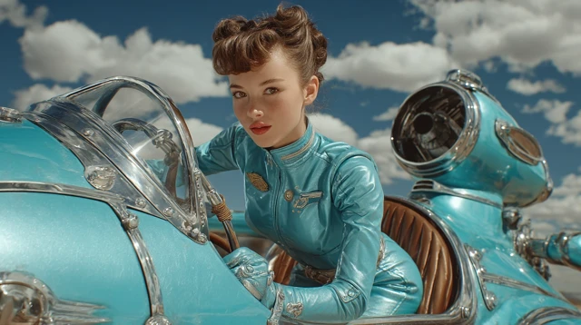 Retro Futuristic Girl Flying Aero Machine