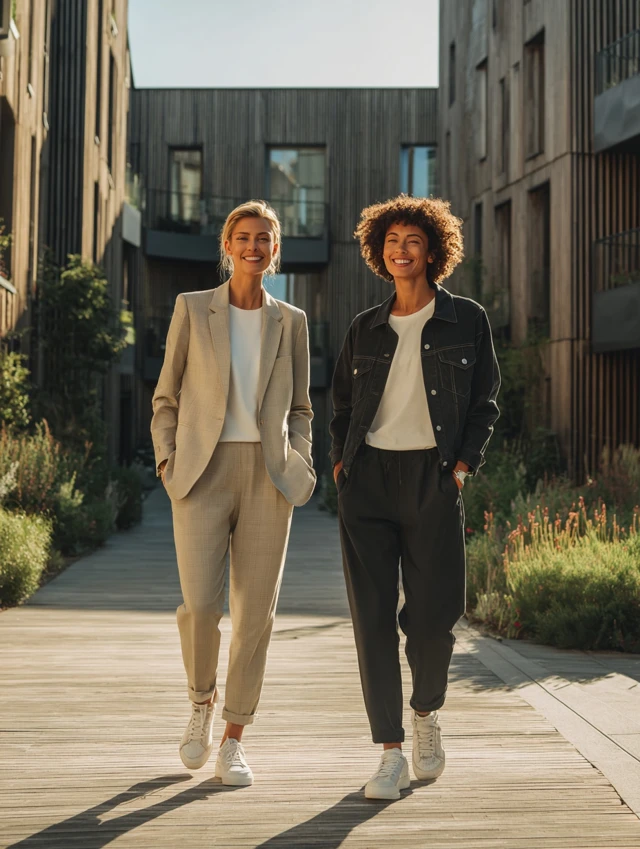 Stylish Women Walking in Courtyard Lifestyle Photo