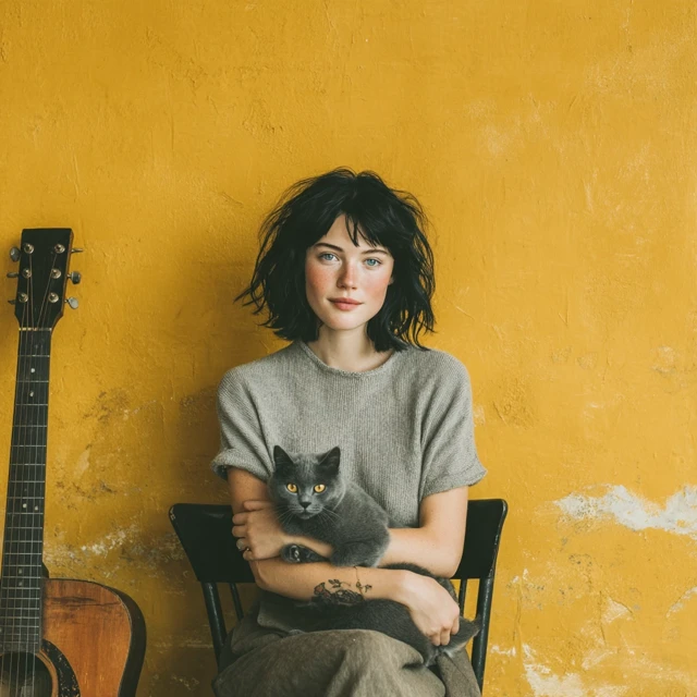 Woman with Cat and Guitar Serene Portrait