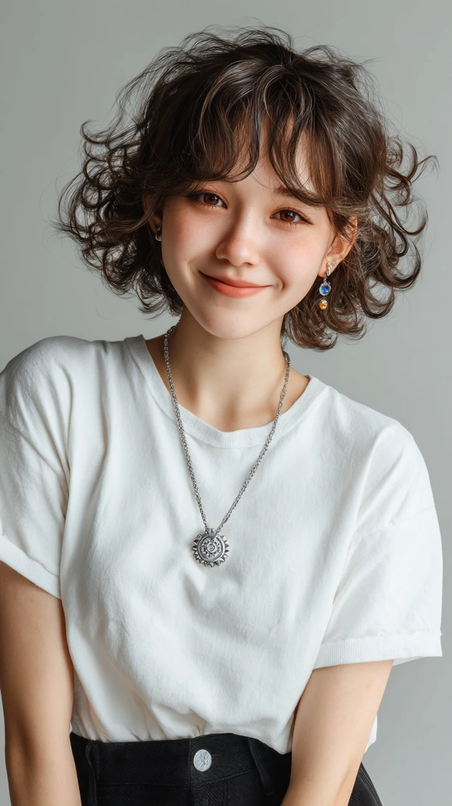 Asian Girl Portrait with Blue Hair and Smiling