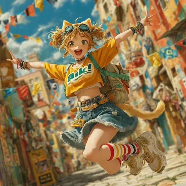 Anime Cat Girl Jumps Into City Street Cheerful Summer