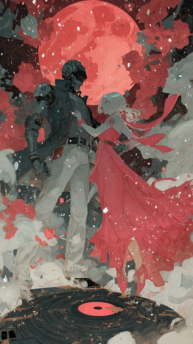 Anime Cyborg Dance in Red Moonlit Snow
