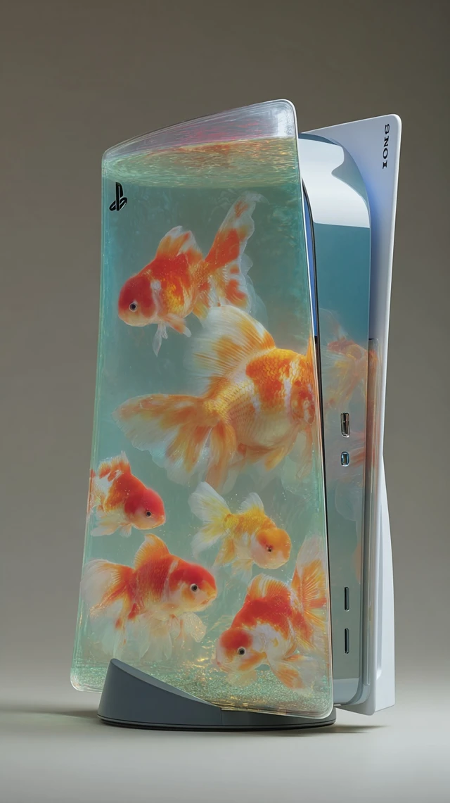 PS5 Console with Aquarium Goldfish Inside Surreal Product Photo