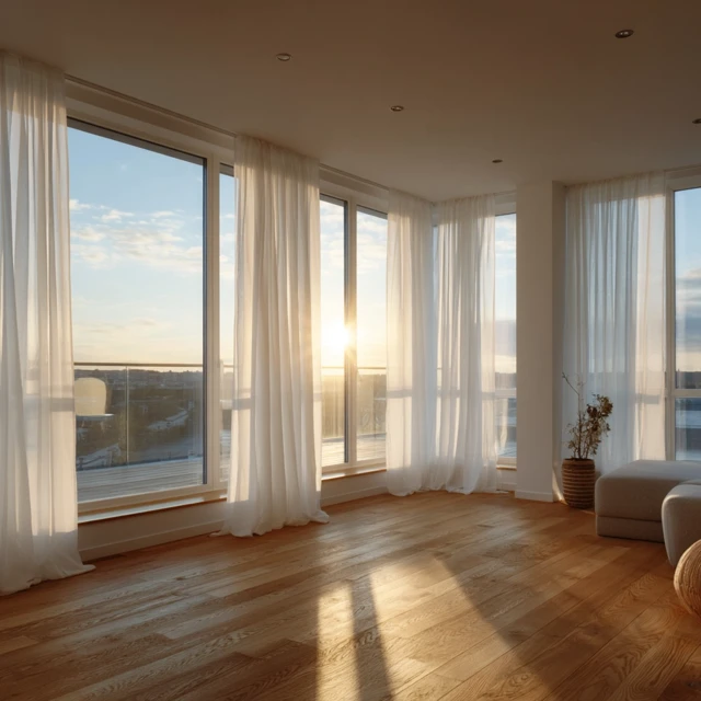 Modern Living Room with Sunset View and Curtains