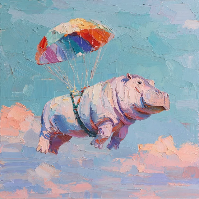 Impressionist Hippo Painting Under a Rainbow Parachute