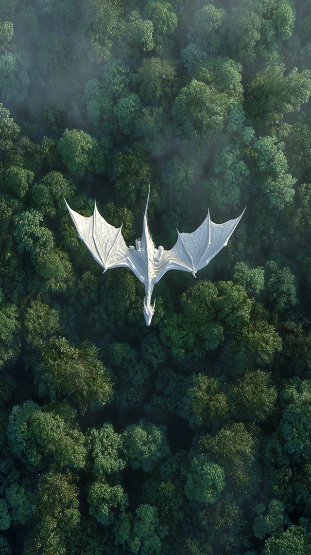 White Dragon Soaring Above Emerald Forest