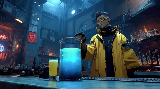 Cyberpunk Character Drinking a Glowing Beverage