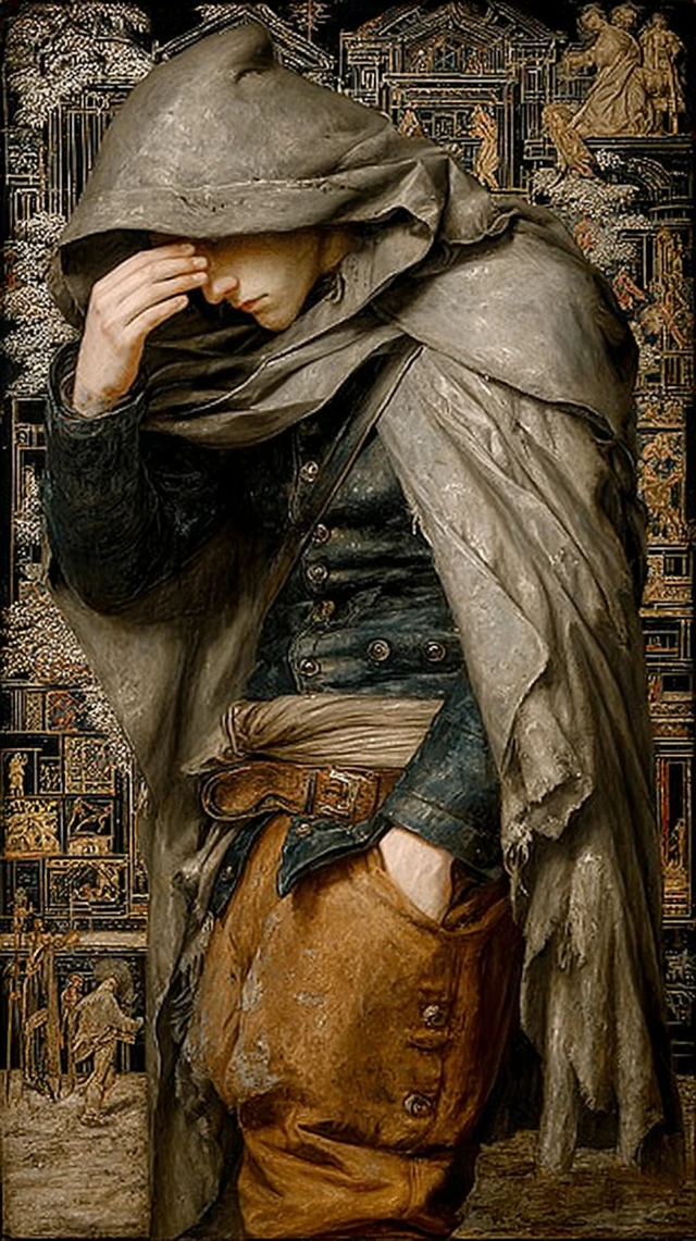 PostApocalyptic Wanderer Portrait Worn Cloak Tense